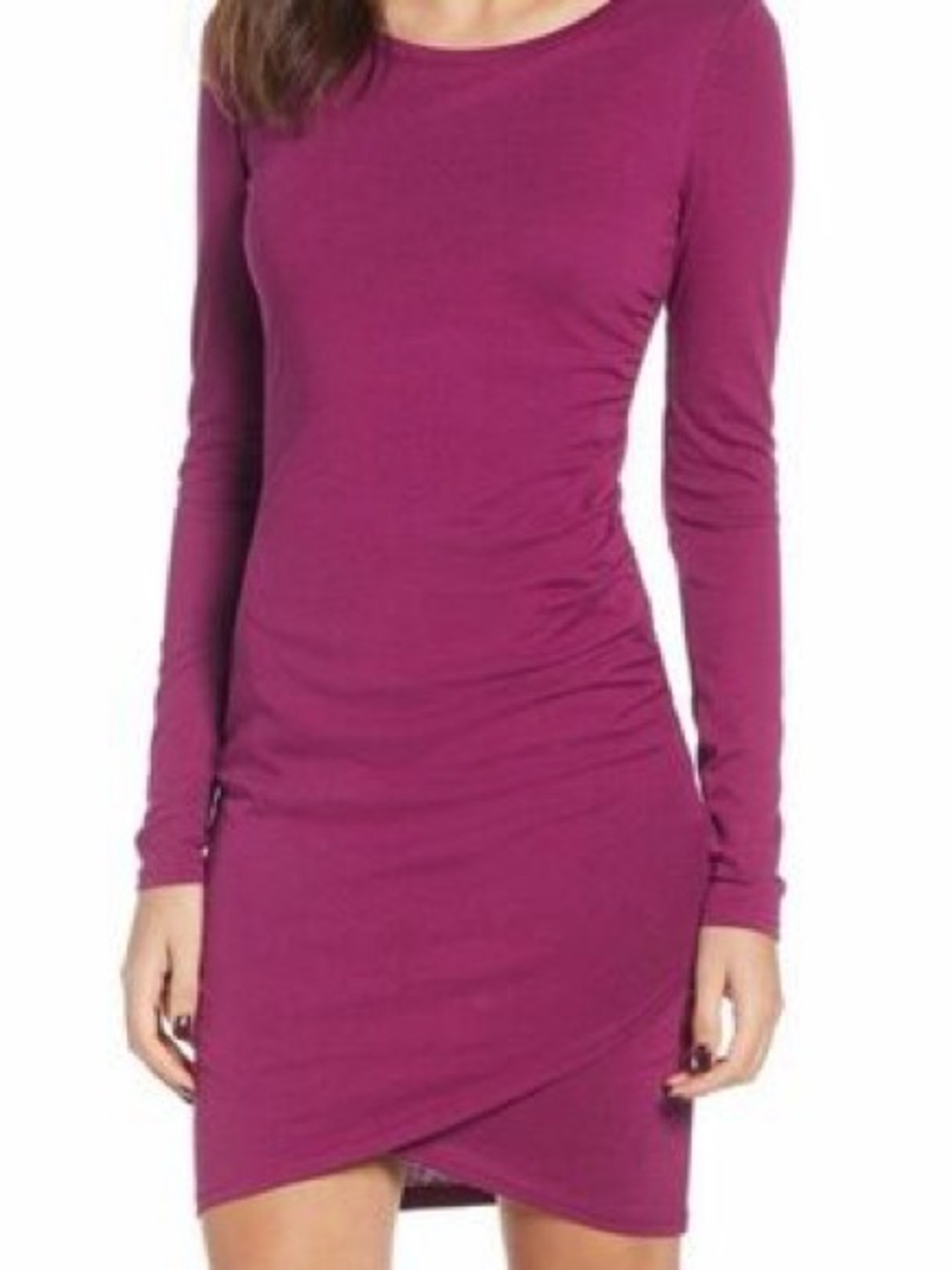 NWT Leith Plum Purple Long Sleeve Side Ruched Tulip Hem Bodycon Dress - Size XS